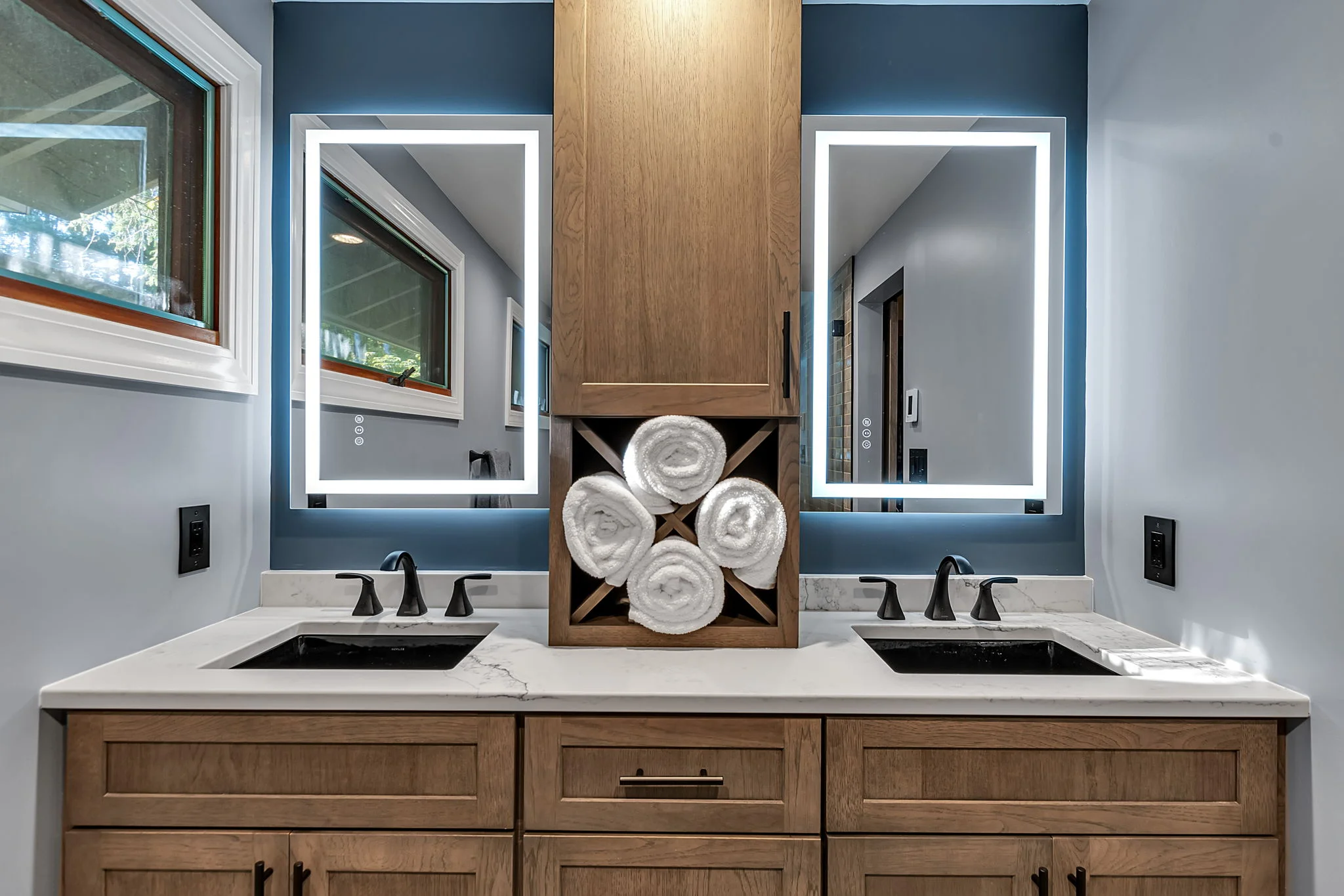 Bathroom with Oak Vanity and LED Mirrors - Sireika Renovations