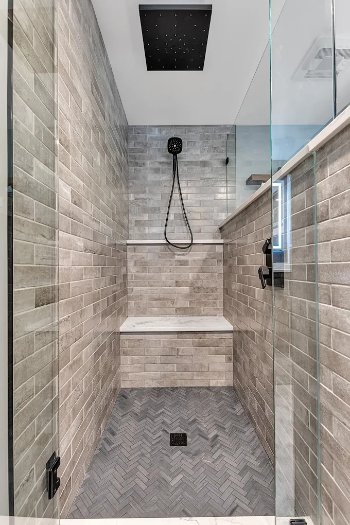 Walk-In Shower with Gray Brick Tile and Rain Head - Sireika Renovations